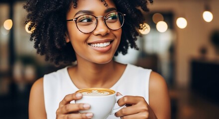 Happy woman enjoying coffee in a cafe.
