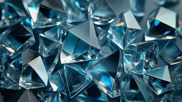 Rotating transparent glass shards with refracted light and high-detail realism for elegant futuristic backgrounds