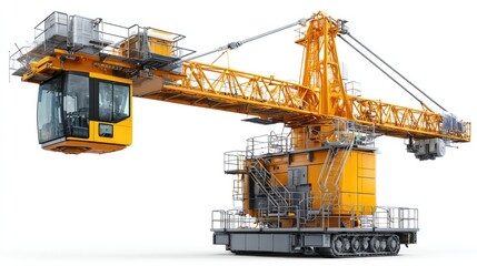 Crane Tower on Construction Site: The image features a large, industrial crane, showcasing engineering and architecture. This powerful machine stands ready on a construction site.