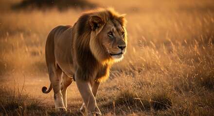 Majestic male lion walks gracefully through golden savanna grass, illuminated by sunlight.