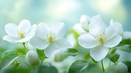 Fototapeta premium Close - up of Elegant White Flowers with Green Leaves and Soft Bokeh Background