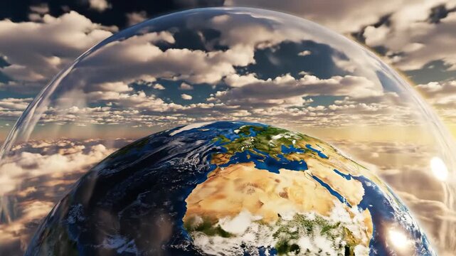 Flat Earth concept showing the disc-shaped planet under a clear dome filled with fluffy white clouds against a blue sky.