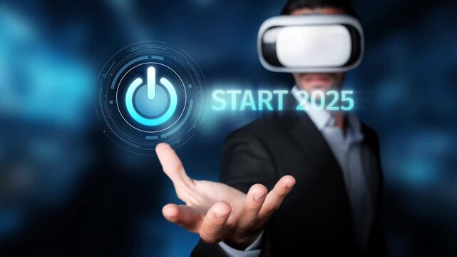 A businessman wearing a virtual reality headset reaches forward, engaging with a futuristic interface symbolizing innovation and digital transformation for the future. Raster