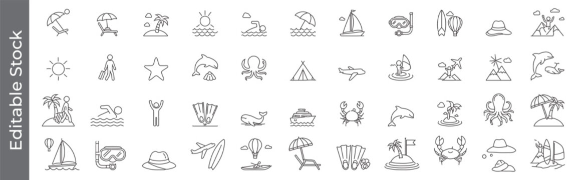 Mega collection of summer, beach, sea, and summer vacation line icon set &ndash; editable outline symbols of palm tree, sun, dolphin, crab, octopus, travel, sea life, ocean animal