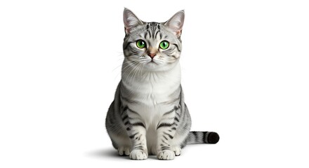 A striking silver tabby cat with bright green eyes sits attentively, isolated.