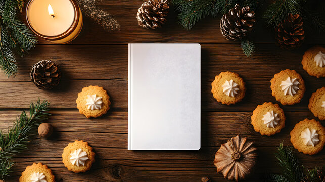 Create your cozy winter recipes, with delicious seasonal cookies, pine cones and a warm candle for a winter holiday concept and seasonal greetings