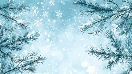Winter Background with Pine Branches and Snowflakes