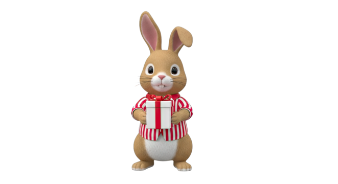 Cute Cartoon Rabbit Character Holding a White Gift Box Tied with Red Ribbon Wearing a Red and White Striped Shirt and Red Bow Tie