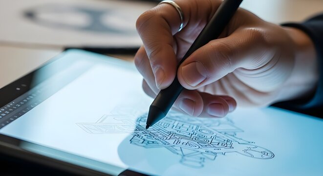 A creative professional's hand using a stylus to sketch or draw intricate designs directly onto a brightly lit digital tablet screen. Focus on creativity and modern tools. - Powered by Adobe