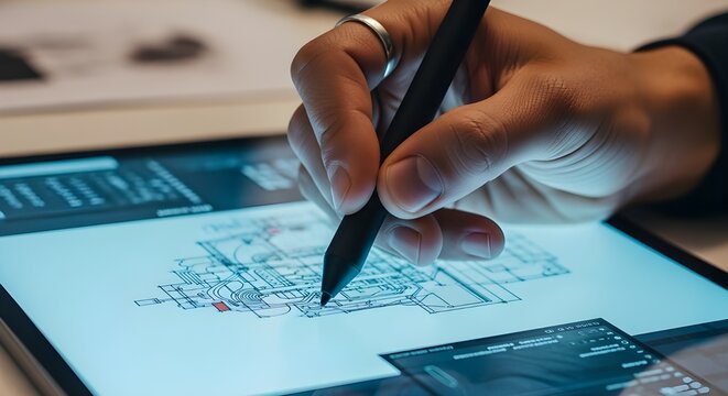 A hand using a stylus pen to work on an architectural blueprint or complex diagram displayed on a large digital tablet screen. Represents CAD and modern design tools.