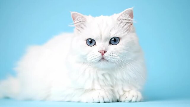 A beautiful white cat with fluffy fur and striking blue eyes, resting on a blue background.