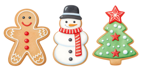 Watercolor Gingerbread man snowman and Christmas tree cookies isolated on a transparent background