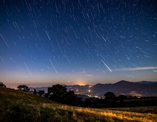 Long exposure shot of a night sky filled with star trails over a mountain range and a distant, illuminated city