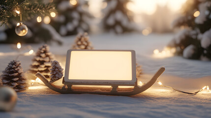 Enchanting winter scene with snowy trees, festive lights, and a charming wooden sled showcasing a blank screen for your holiday message or seasonal promotion