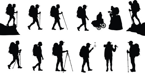 Obraz premium Hiker silhouette set, trekking activity poses, outdoor adventure vector, hiking gear illustration, nature exploration design, trail support posture collection
