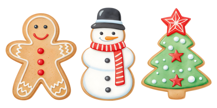 Watercolor Gingerbread man snowman and Christmas tree cookies isolated on a transparent background - Powered by Adobe