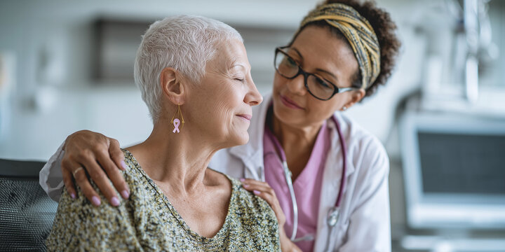 Caring female doctor comforting elderly woman in hospital setting  