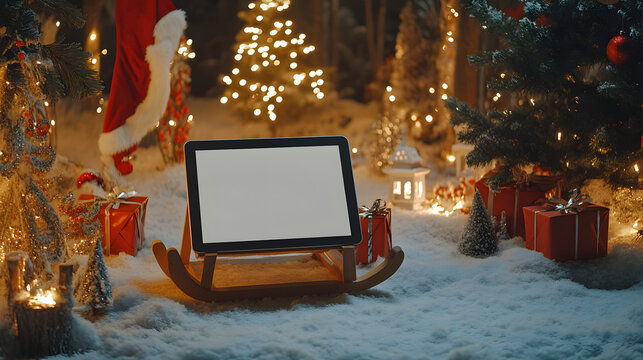 Magical Christmas mockup scene with blank tablet display on snowy floor surrounded by gifts and festive decorations for holiday promotions - Powered by Adobe