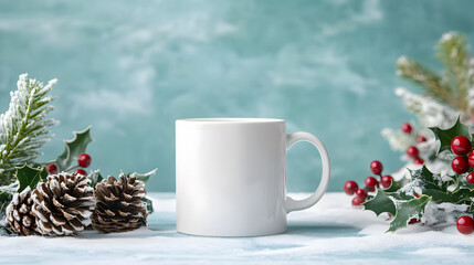 Fototapeta premium Festive white mug mockup amidst snowy winter foliage, ideal for holiday promotions, seasonal drinkware designs, and cozy Christmas themed campaigns