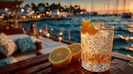 A refreshing drink with lemon on a boat at sunset with a view of the ocean and city lights