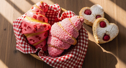 Pink Strawberry-Glazed Croissants and Heart-Shaped Raspberry Scones in Woven Basket with Warm Morning Light