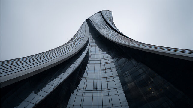 Futuristic skyscraper with flowing glass facade and metallic curves architecture