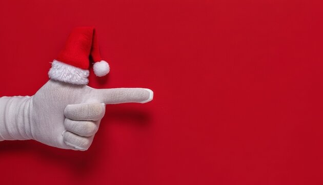 Gloved hand wearing a tiny Santa hat points right on vibrant red background, festive and playful