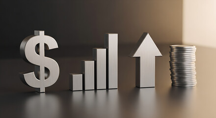 3D Dollar Symbol with Bar Chart and Upward Arrow, Concept of Successful Business Growth, Finance, and Investment