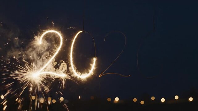 Festive light painting with a sparkler creating the numbers for a new year against a dark night sky, symbolizing a bright and happy celebration