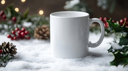 Cozy winter vibes with a white coffee mug nestled in snow, perfect for holiday designs and seasonal promotions, evoking warmth and festive cheer