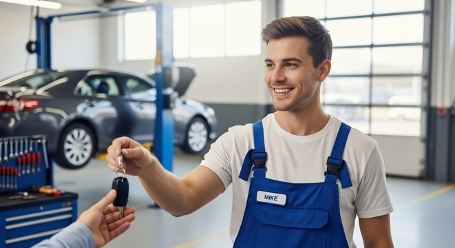 Smiling mechanic handing over car keys to a customer in a garage.