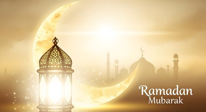 Ramadan mubarak background with crescent moon, lantern, and mosque silhouette - Powered by Adobe