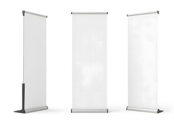 Set of Three Blank White Roll-Up Banner Mockups from Different Angles 