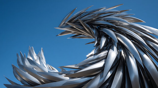 Metallic sculpture abstract form against clear blue sky silver
