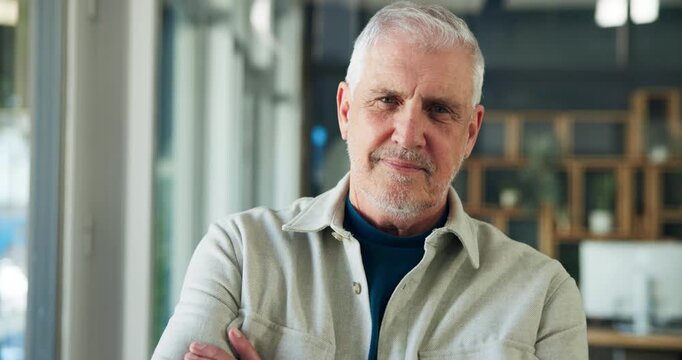 Arms crossed, face and professional with business man in office for about us, agency and confidence. Coordinator, pride and creative director with portrait of mature person in startup for career - Powered by Adobe