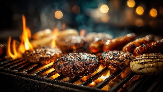 Close up of juicy burgers and sausages grilling over open flames on a barbecue image photo - Powered by Adobe