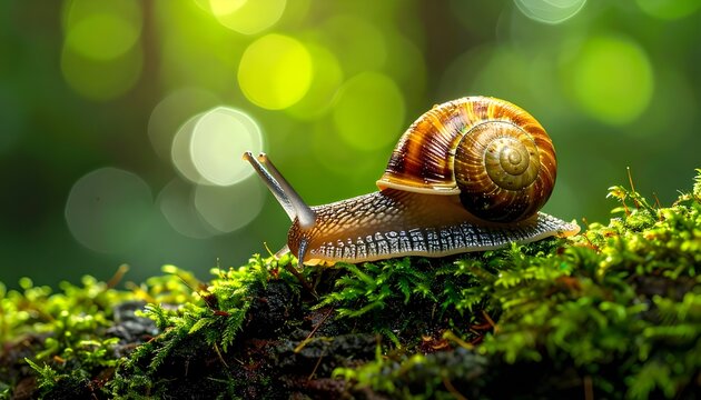 Close-up of a garden snail with spiral shell crawling on vibrant green moss in its natural woodland habitat, softly illuminated