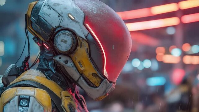 Under neon lights, an armored figure with visor panels, chest modules, and plating stands in a studio.