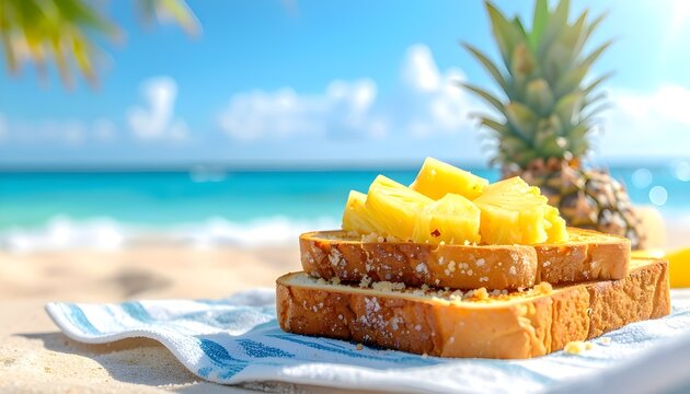 Delicious pineapple toast served on a picnic cloth with a tropical beach and ocean in the background