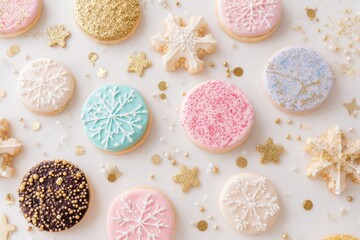 Festive cookies isolated on white background with gold star decorations