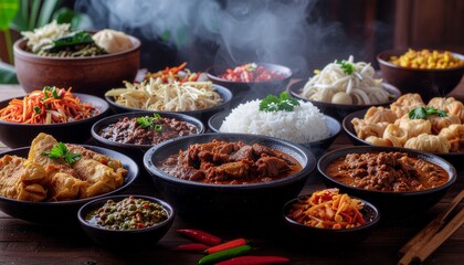Obraz premium A colorful spread of traditional Indonesian dishes—steaming rice, spiced beef, noodles, dumplings, and vegetables—beautifully served on a rustic wooden table.