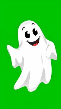 A cheerful cartoon ghost with a smiling expression, set against a vibrant green background.