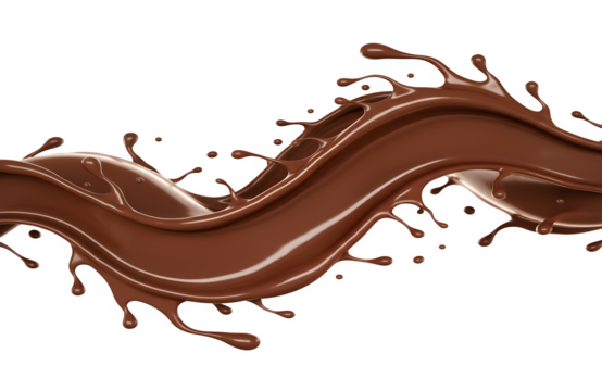 A cool abstract background featuring a chocolate wave, with a glossy molten texture rendered in 3D. It's like a stream of dark brown liquid cocoa, coffee, or caramel, resembling choco glaze.