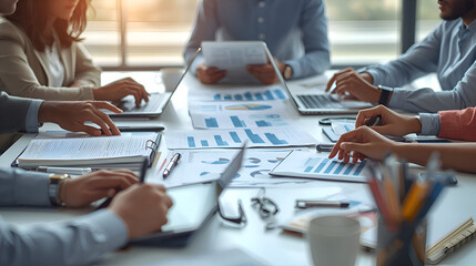 Diverse team collaborating around a table filled with charts and documents during a business meeting