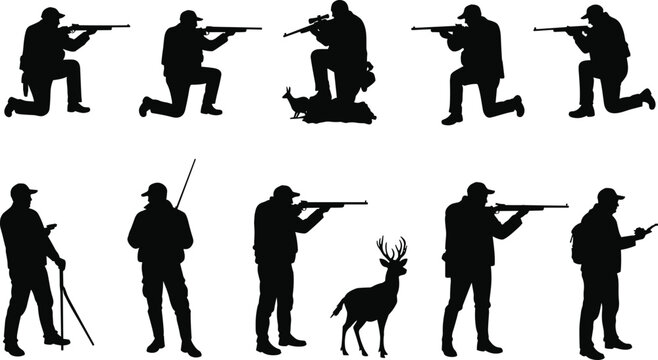 Hunter silhouette set, rifle aiming poses, outdoor hunting vector, wildlife tracking illustration, forest activity design, hunter posture collection