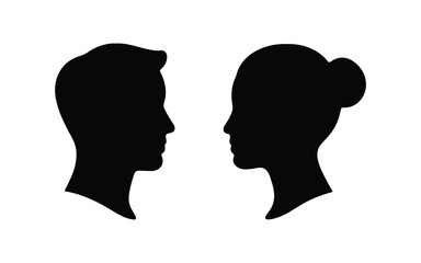 Male and female head profiles facing each each other on white