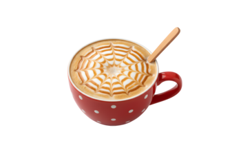 A cappuccino in a red polka dot cup topped with spiderweb caramel and served with a wooden spoon, all set against a white background with a clipping path.

