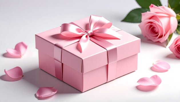 Pink gift box with ribbon and roses, petals scattered
