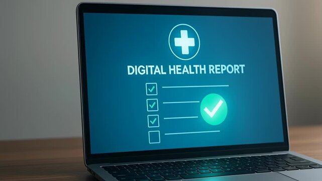 Digital health report on laptop screen highlights checklist for health check form completion and successful health check results