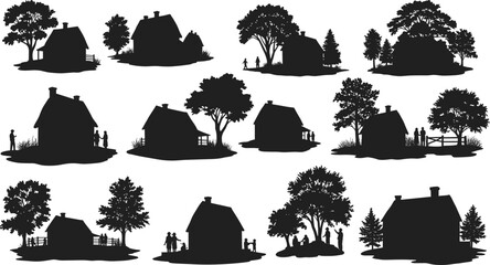 House silhouette illustration set, rural and suburban scenes, tree and people vector, residential lifestyle design, nature dwelling graphics collection